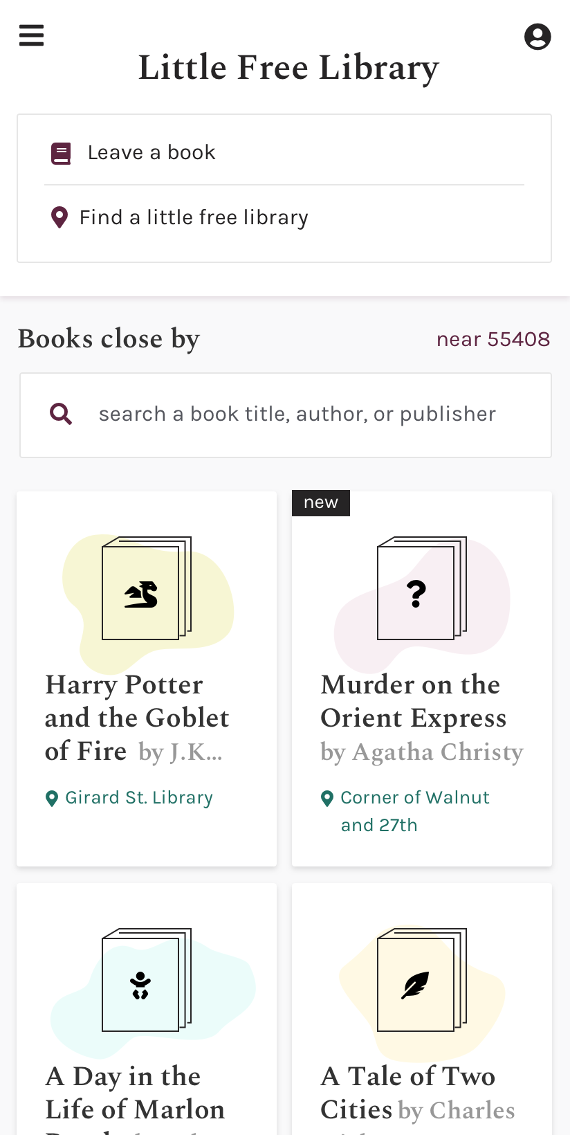 Mobile app screen of homepage