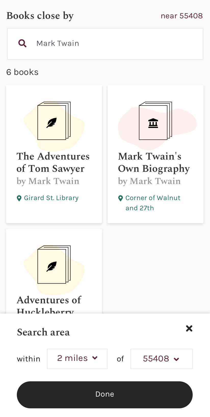 Mobile app screen of homepage with search area menu