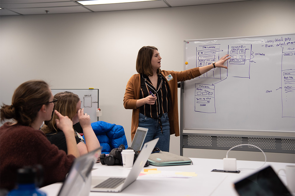 Myself gesturing on a whiteboard with sketches