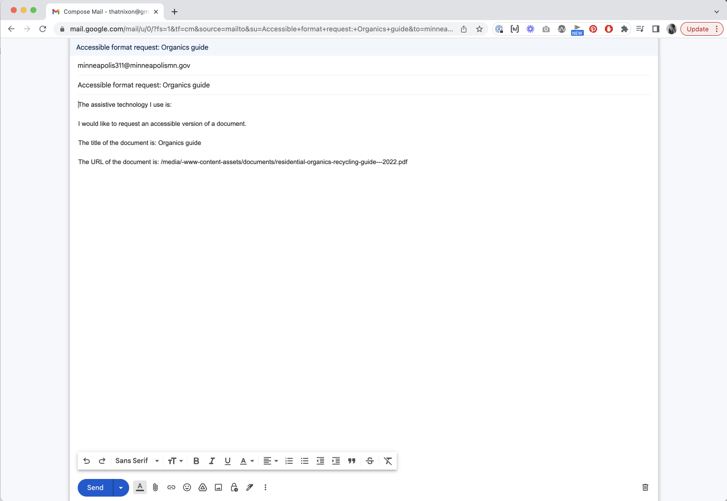 email where a user requests an accessible version of the document
