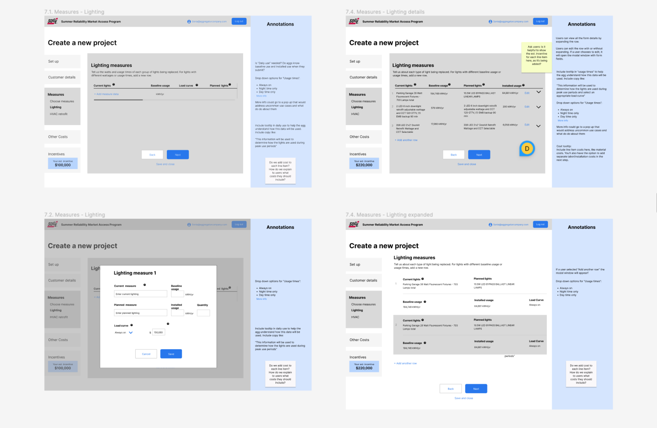 application details wireframes